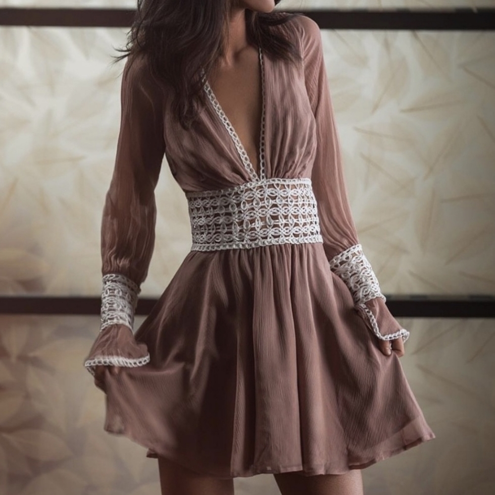 For Love And Lemons Dusty Mauve Mini Dress with White Crochet Trim
